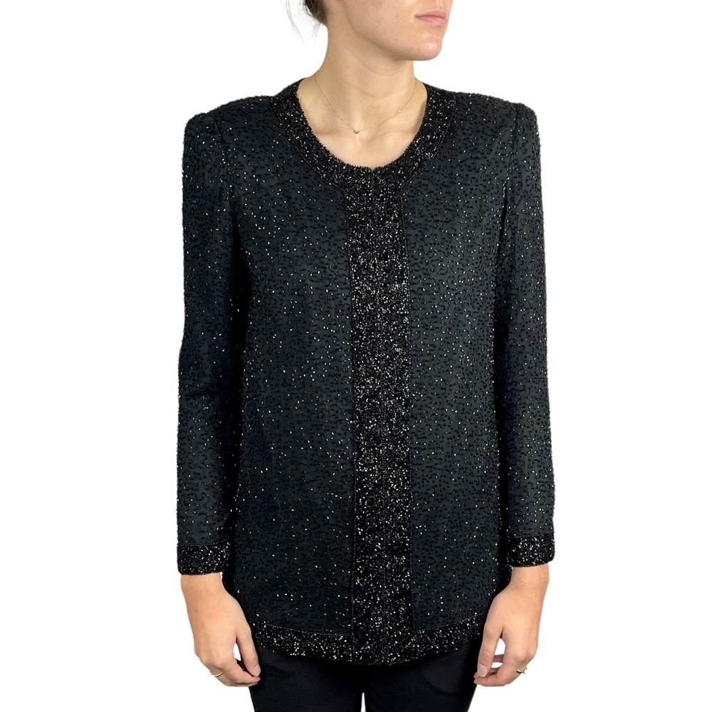 VINTAGE BLACK SILK EMBELLISHED BEADED HOLIDAY EVENING PARTY JACKET STENAY